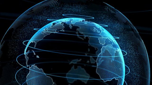 Motion Earth Digital Globe Transparent Surface. Planet Rotation Smaller Object Inside World Map Future Scientific Technology. Business Concept Universe Exploration Concept 3D Animation 4k