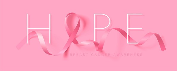 Hope. Breast Cancer Awareness Calligraphy Poster Design. Realistic Pink Ribbon. October is Cancer Awareness Month. Vector Illustration