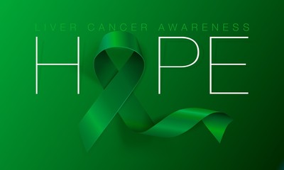 Hope. Liver Cancer Awareness Calligraphy Poster Design. Realistic Emerald Green Ribbon. October is Cancer Awareness Month. Vector