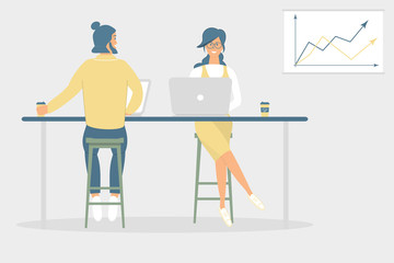 Woman and man friends or colleagues sitting at desk in modern office,working at notebook and tablet,have coffee, talking.Effective and productive teamwork.Hand drawn style vector illustrations