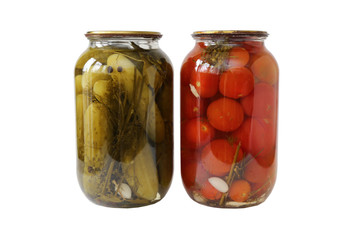 two glass jars with tomatoes and cucumbers closed with a metal lid isolated on white background