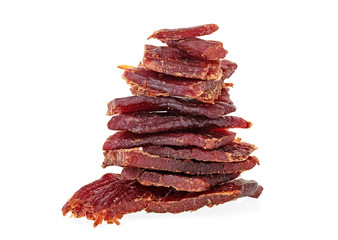 Beef jerky pieces on white background
