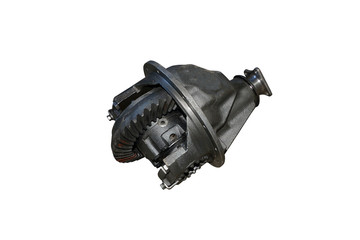 Differential rear axle of the car. Rear-wheel drive truck gearbox on isolated white background