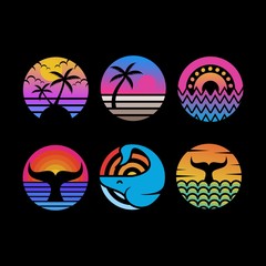 ocean sunset circle vector illustration