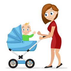 Mother with a little child in a baby carriage on a white background. Characters