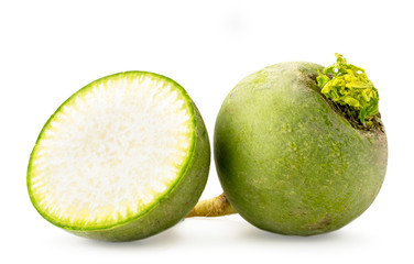 Green radish and half close-up on a white. Isolated.