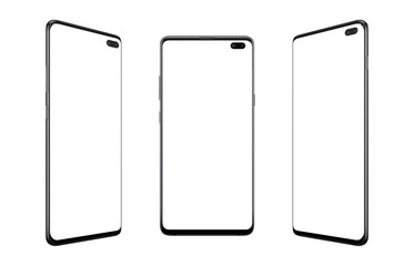 Isolated modern smart phones in three positions. Camera built into the display. Round and thin...