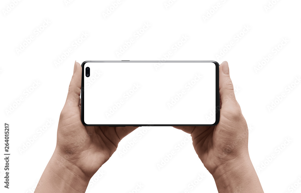 Poster modern smart phone in woman hand. isolated background and screen for mockup. horizontal position for