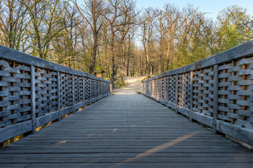 Kunratice forest - beautiful green park with path and bridge during sunset in Prague (secret gem, popular travel destination in Czech Republic, Europe)