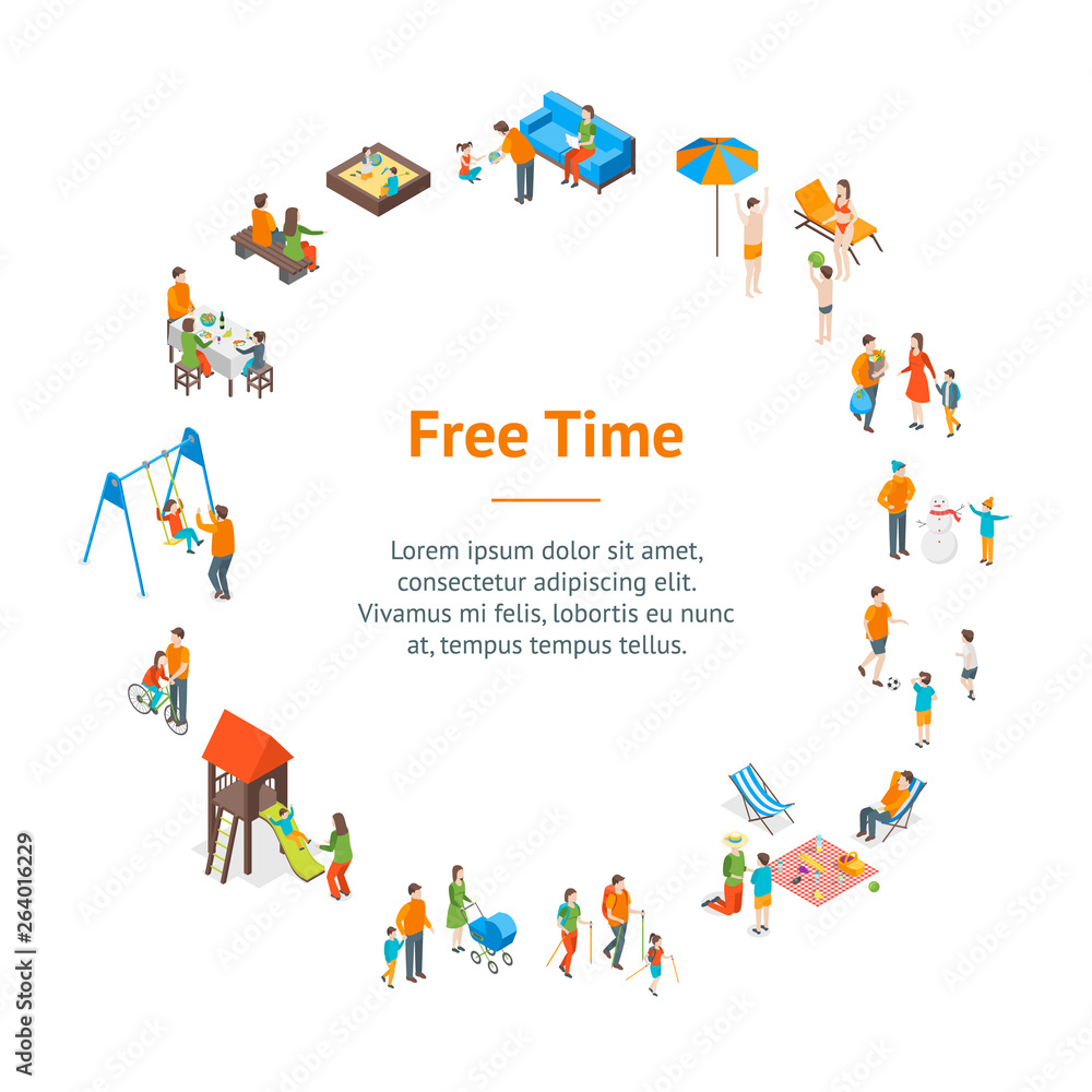 Canvas Prints Families Spending Free Time 3d Banner Card Circle Isometric View. Vector