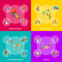 Naklejka premium Families Spending Free Time 3d Banner Set Isometric View. Vector
