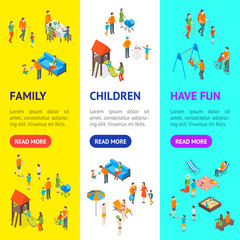 Families Spending Free Time 3d Banner Vecrtical Set Isometric View. Vector