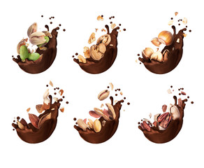 Set of chocolate splashes with different crushed nuts closeup, isolated on a white background