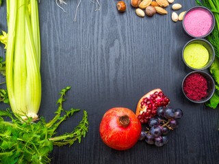 various Super foods on a wooden background
