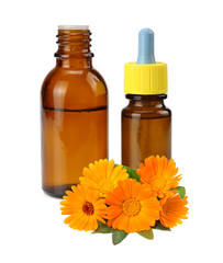 bottle with marigold oil with marigold flowers isolated on white background. calendula flower.
