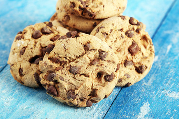 Chocolate cookies on wooden table. Chocolate chip cookies