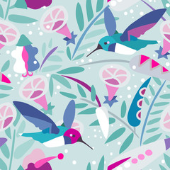 Hummingbirds seamless pattern. Hand drawn vector floral pattern with flying birds and flowers, in bight colors of pink, blue, green, white. - 264017877