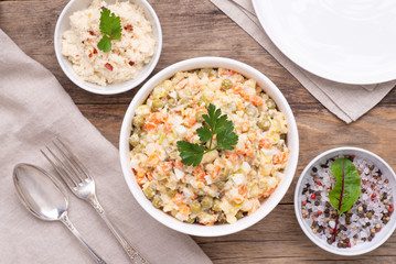 Vegetable salad also known as Russian salad, top view 