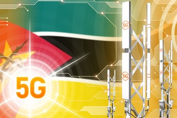 Mozambique 5G industrial illustration, big cellular network mast or tower on digital background with the flag - 3D Illustration