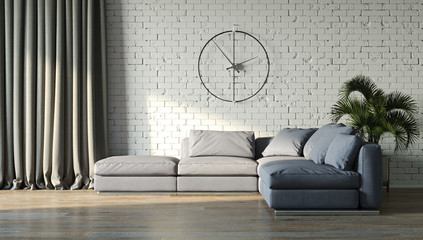 Interior background, room with a white brick wall, sun light and sofa, 3D illustration.