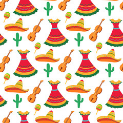 Mexican traditional female dress, sombrero, violin, maracas, cactus. Seamless pattern. Can be used as wallpaper, wrapping paper, packing, textiles.