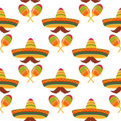 Sombreros, mustaches, maracas. Seamless pattern. Decor for Cinco de Mayo. Can be used as wallpaper, wrapping paper, packing, textiles