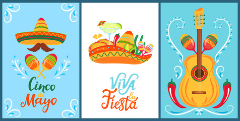 Cinco de Mayo. Viva la Fiesta. Hand drawn lettering. A set of festive posters to the Mexican national holiday. Sombreros, mustaches, maracas. Margarita cocktail, tacos, avocado, lime, guitar.