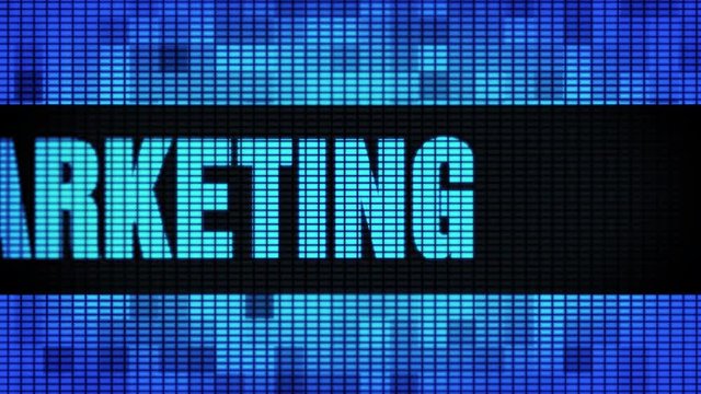 Blackhat Marketing Front Text Scrolling on Light Blue Digital LED Display Board Pixel Light Screen Looped Animation 4K Background. Sign Board, Blinking Light, Pixel Monitor, LED Wall Pannel