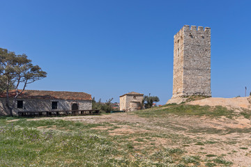 Fototapeta na wymiar Ancient Byzantine Tower in town of Nea Fokea, Kassandra, Chalkidiki, Central Macedonia, Greece