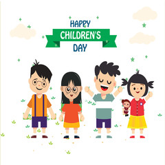 Happy children day background. Vector illustration of Universal Children day poster. Greeting card. Flat. Round frame. - Vector