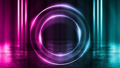 Empty background scene. Dark street reflection on the wet pavement. Rays of blue neon light in the dark, neon figures, smoke. Night view of the street, the city. Abstract dark background.