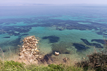 Amazing seascape of coastline of town of Nea Fokea, Kassandra, Chalkidiki, Central Macedonia, Greece