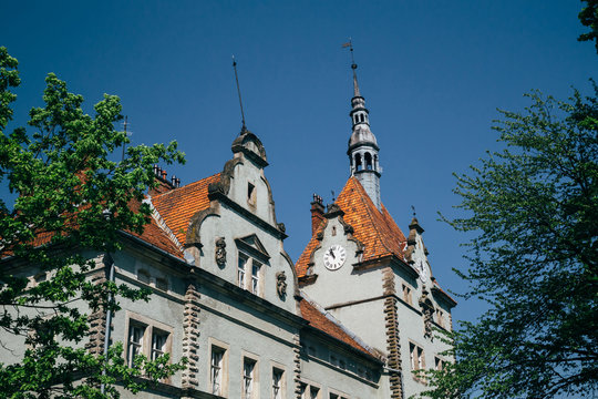 The Schoenborn or Schonborn hunting Palace, Beregvar Castle and a clock tower in Carpathian mountains, Ukraine