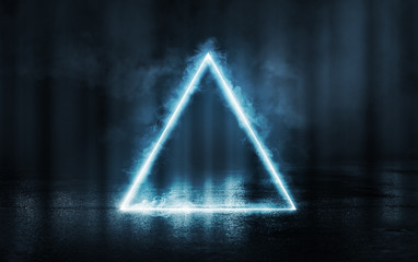 Empty background scene. Dark street reflection on the wet pavement. Rays of blue neon light in the dark, neon figures, smoke. Night view of the street, the city. Abstract dark background. © Laura Сrazy