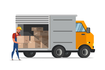 Man loading boxes in van flat illustration