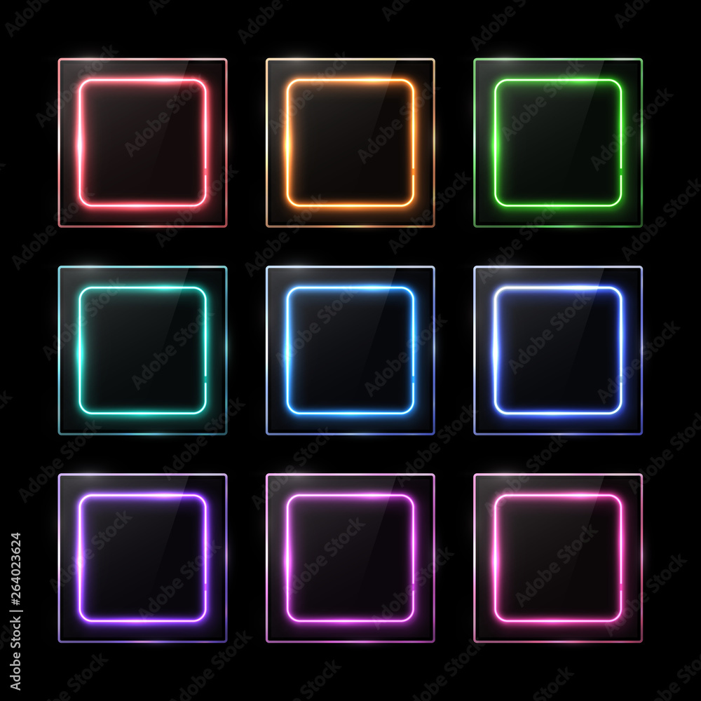 Poster glossy plastic texture banners set. colorful square frames with led halogen lamp. technology collect