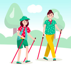 Women nordic walking flat illustration