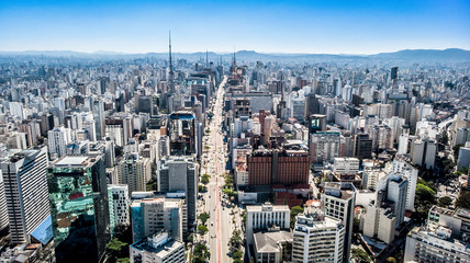 Aerial photography done by drone above the buildings of Avenida Paulista in São Paulo