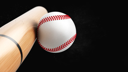 Baseball bat hits baseball ball isolated on black background. Closeup view - 3d rendering