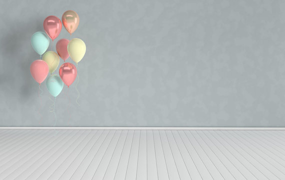 3d render interior with realistic pastel colored and rose gold balloons in the room. Empty space for party, promotion social media banners, posters.