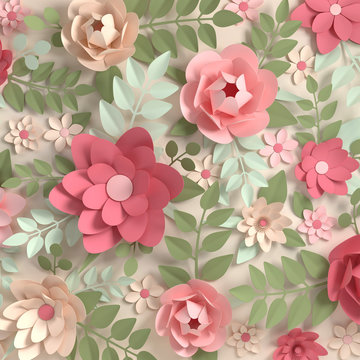 Paper elegant pastel colored flowers. Valentine's day, Easter, Mother's day, wedding card, blooming wall background. 3d render digital spring or summer flowers illustration in paper art style.