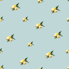 Seamless watercolor pattern of fresh juicy lemons with leaves on a blue background. Isolated and hand drawn