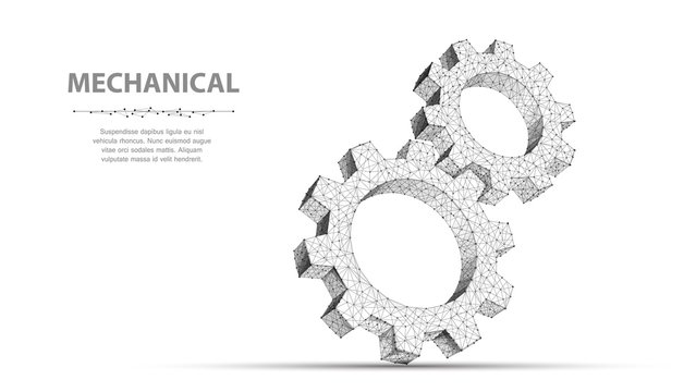 Gears. Closeup abstract vector wireframe two gear. 3d illustration isolated on white.