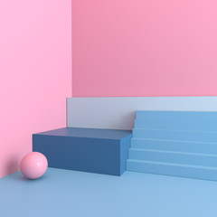 3d rendered interior with geometric shapes, podium on the floor. Set of platforms, stairs for product presentation, mock up background. Abstract composition in minimal design. Pastel colors