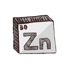 Vector three-dimensional hand drawn chemical gray silver symbol of zinc with an abbreviation Zn from the periodic table of the elements isolated on a white background.