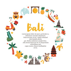 Cartoon illustration with Bali landmarks, symbols - obrazy, fototapety, plakaty