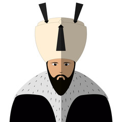 Vectoral flat desing illustration of a Sultan of Ottoman Empire.  Isolated in white background.