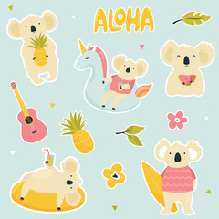 Set of stickers with cute koalas