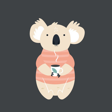 Funny Cute Koala In Sweater Drinking Tea