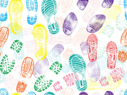 Colorful seamless pattern of shoe prints (footprints). Vector illustration